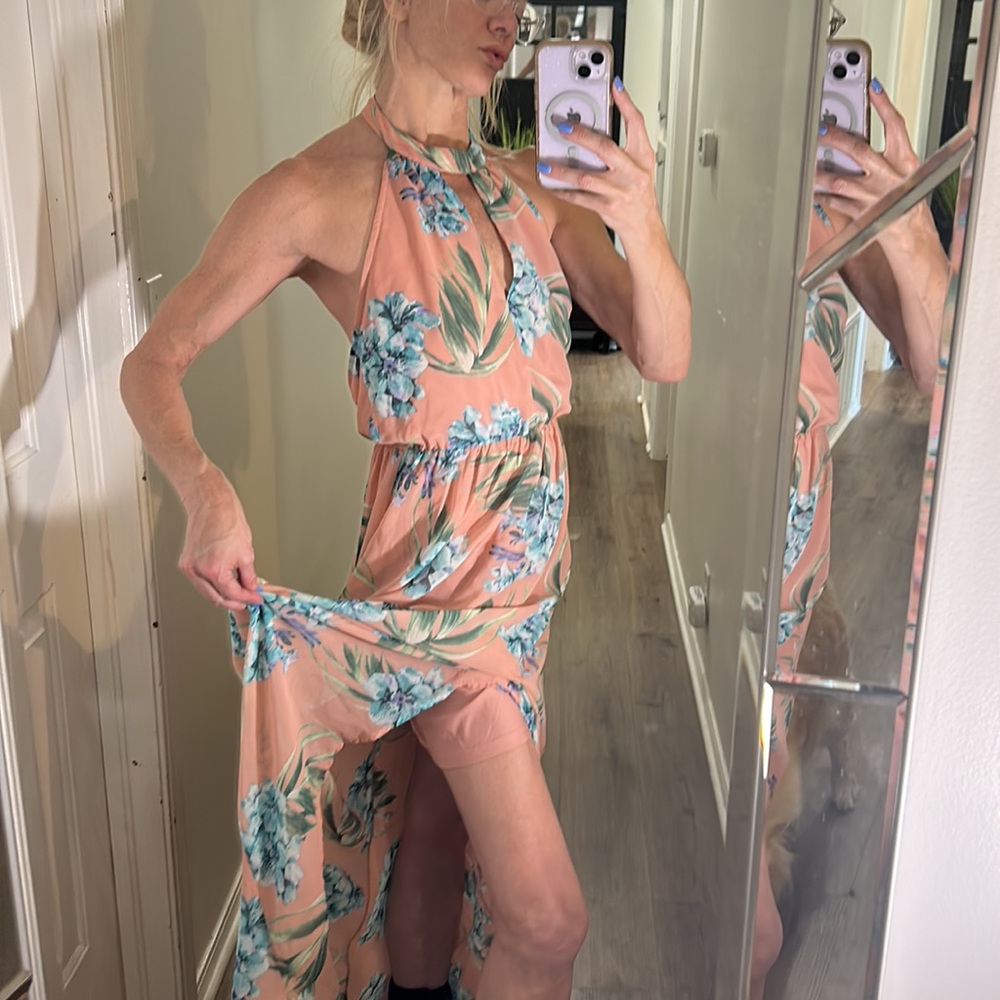 Ark & Co. Pink semi sheer halter neckline floral maxi dress that is very flowy